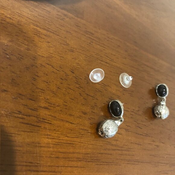 Silver Tone Faux Black Stone Drop Earrings - Picture 6 of 9